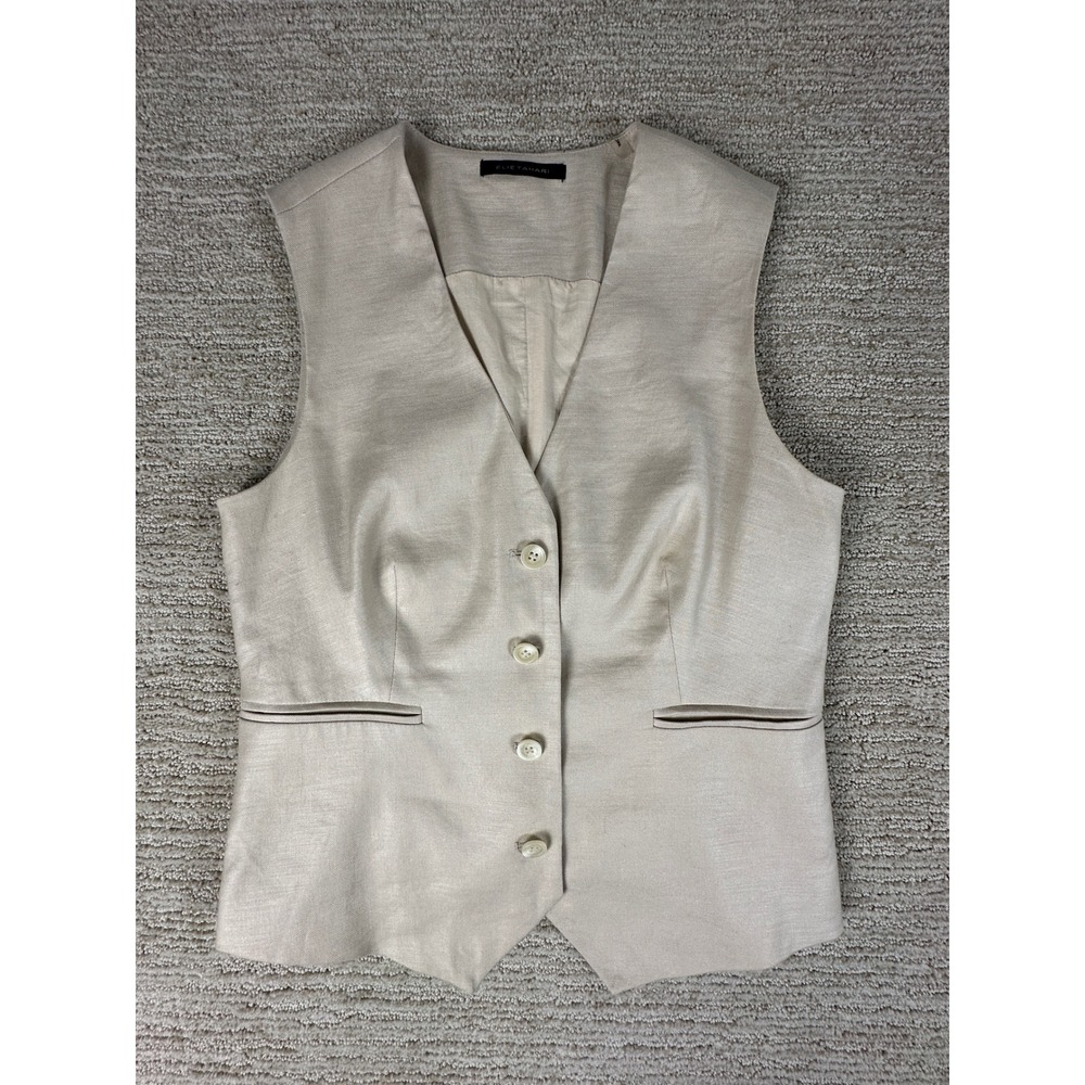 Elie Tahari Beige Linen Blend Button Front Tailored Waistcoat Vest Womens M